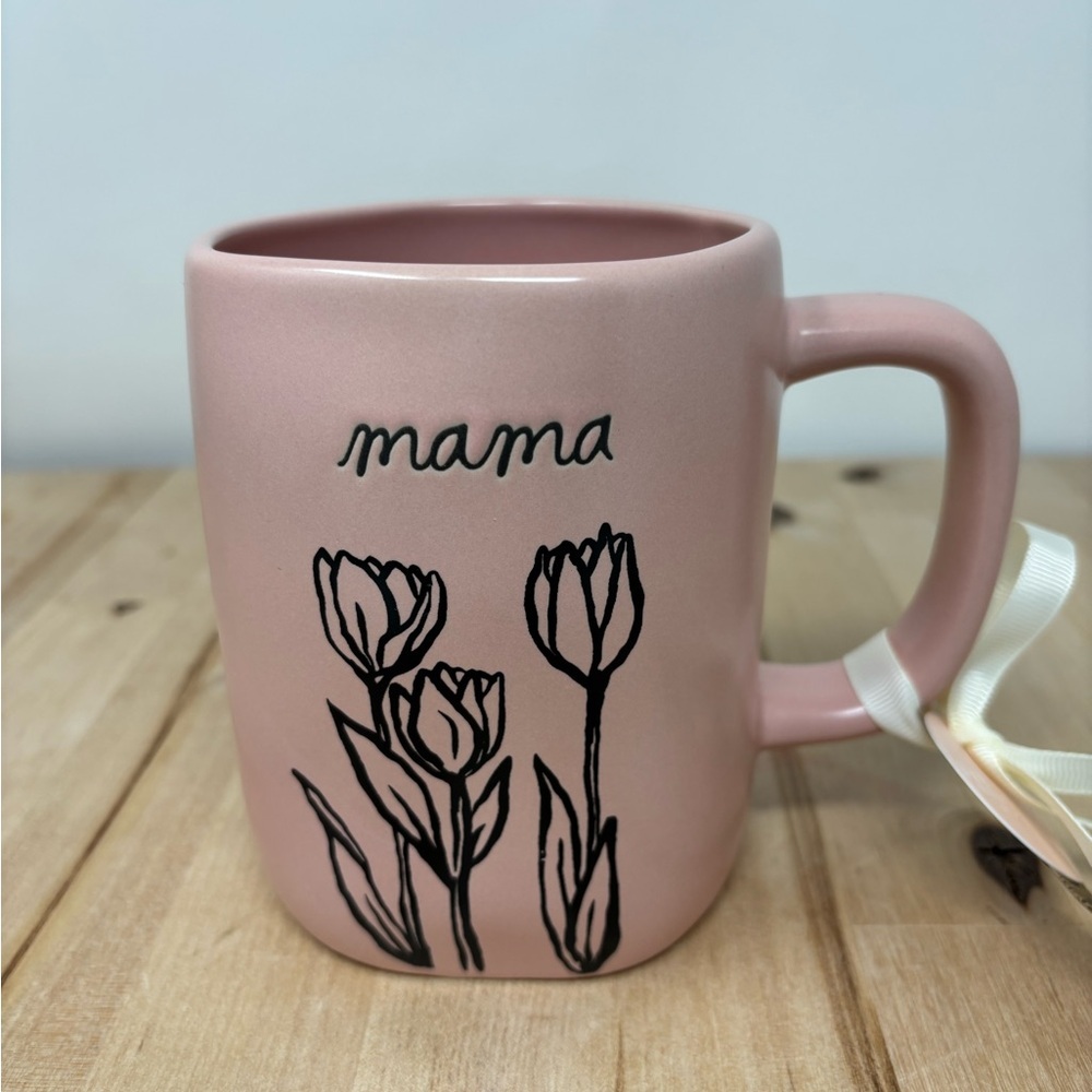 Rae Dunn MAMA Mug Pink Ceramic with Black Floral Design and Lettering New